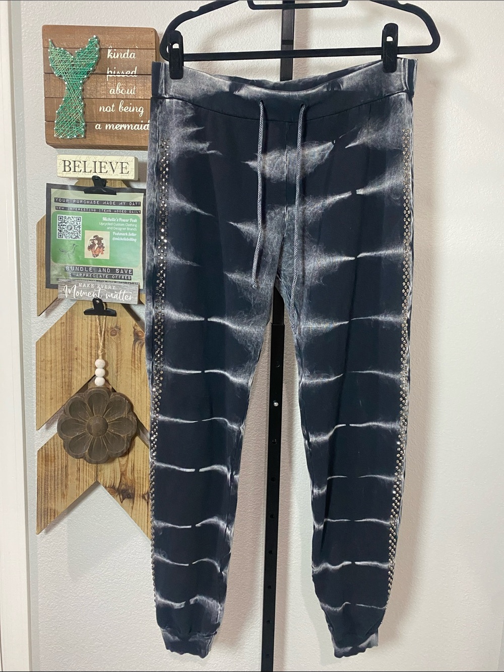 Local🖤Women's Black Tie-Dye Jeggings with Side Stud Detail w17 r11 inseam30
